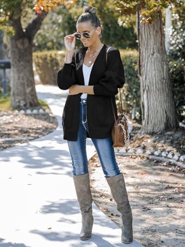 MEROKEETY Women's 2025 Open Front Chunky Cardigans Lantern Long Sleeve Oversized Knit Outwear with Pocket, Black, L - Image 7