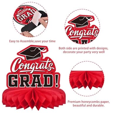 9PCS Graduation Decorations 2025 Congrats Grad Table Centerpiece Congratulate Graduation Honeycomb Table Toppers for Graduation Party Supplies(Red,Black） - Image 3