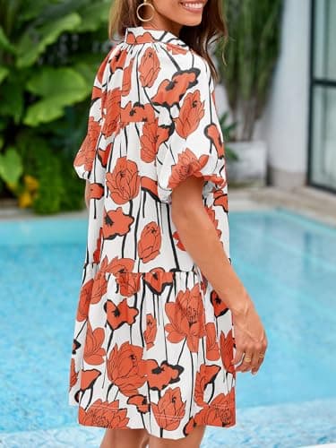 Wenrine Women's Summer Button Down Shirt Dress Floral Puff Short Sleeve Casual Loose Fit Beach Mini Dresses Orange - Image 3