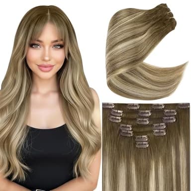 Ve Sunny Clip in Human Hair Extensions Balayage Clip in Hair Extensions Real Human Hair 24 Inch Long Straight Remy Hair Extensions Clip ins Dark Brown to Light Brown with Blonde 120g 7Pcs - Image 1