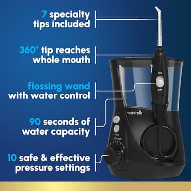 Waterpik Aquarius Water Flosser For Teeth Cleaning, Gums, Braces, Dental Care, Electric Power With 10 Settings, 7 Tips For Multiple Users And Needs, ADA Accepted, Black WP-662, Packaging May Vary - Image 2