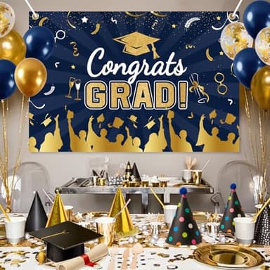 Graduation Decorations Class of 2025, Navy Blue Gold Graduation Decor Set with Congrats Grad Banner, Foil Balloons, Paper Pompoms, Hanging Swirls for 2025 High School & College Grad Party Supplies - Image 5