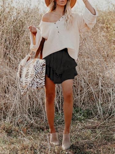 Aoudery Flowy Shorts for Women Casual Boho Ruffle Tiered Skorts High Waist Mini Skirts Golf Tennis Butterfly Crochet Shorts - Black S - Image 5