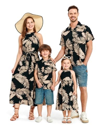 PATPAT Family Matching Hawaiian Outfits Mommy and Me Dresses Matching Set Tropical Palm Leaf Print Halter Neck Sundresses Mommy and Me Dresses Beach Black Leaf Hawaiian Dresses for Women S - Image 1