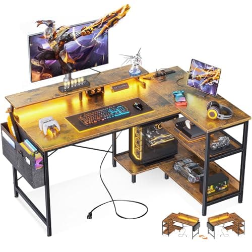 ODK 48 Inch Gaming Desk with USB Charging Ports and LED Lights, Reversible L Shaped Computer Desk with Storage Shelves & Monitor Stand, Corner Home Office Desk Table with Power Outlets, Vintage - Image 1