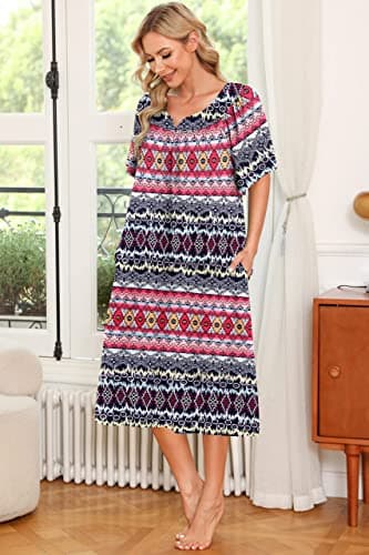 Ekouaer Women's House Dress with Pockets, Black Red Boho, Large - Image 3