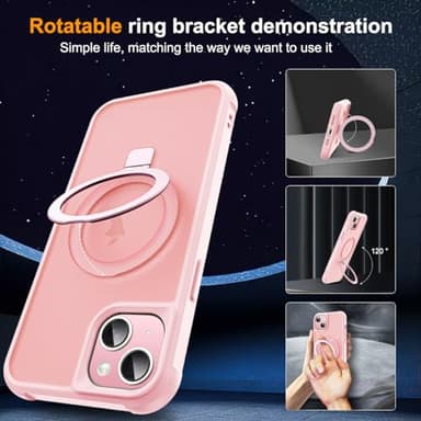 SKYLMW Compatible with iPhone 15 Case with Invisible Magnetic O-Ring Stand Military-Grade Translucent Case for iPhone 15 6.1" [Compatible with Mag-Safe][Great Grip Feeling], Pink - Image 2