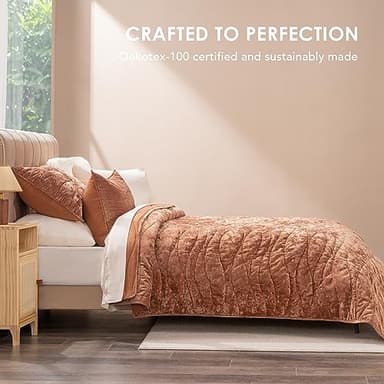 EVERGRACE Luxury Velvet Quilt Queen Size, Ultra Soft Wave Crushed Velvet Bedding Set, Lightweight Quilted Comforter Set for All Season, Oversized Bedspread Coverlet with 2 Shams, Burnt Orange - Image 3