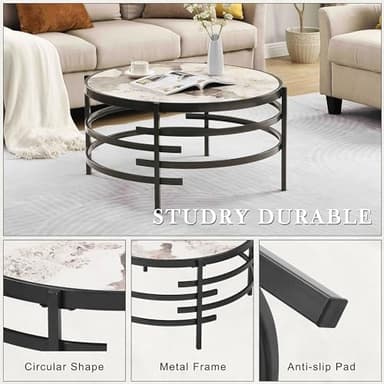 Round Coffee Table Living Room - LifeSky 32" Faux Marble Circle Center Table Stone Metal Grey - Image 3