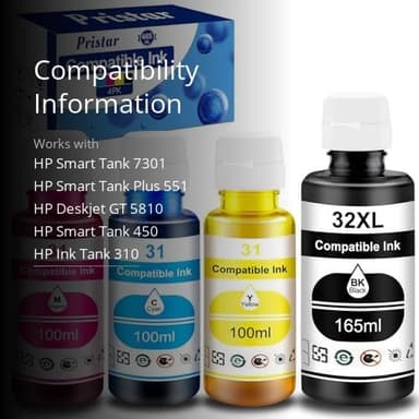 Pristar Compatible with HP 31 32XL Ink Bottle Set Compatible with HP Smart Tank 7301 7001 7602 5000 6001 5101 5102 5103 Plus 651 551 455 457 450 All-in-One Printer (165 ML 32XL Black Ink 100 ML 31 CMY - Image 3