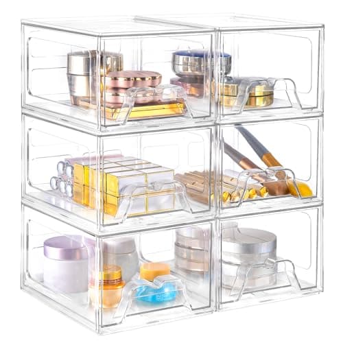 Stebopum 6 Pack Stackable Makeup Organizer, 4.4'' Tall Acrylic Bathroom Makeup Organizer and Storage Drawer with Pull-out Handle, Clear Plastic Storage Bins for Vanity,Pantry,Desk,Undersink,Kitchen - Image 1