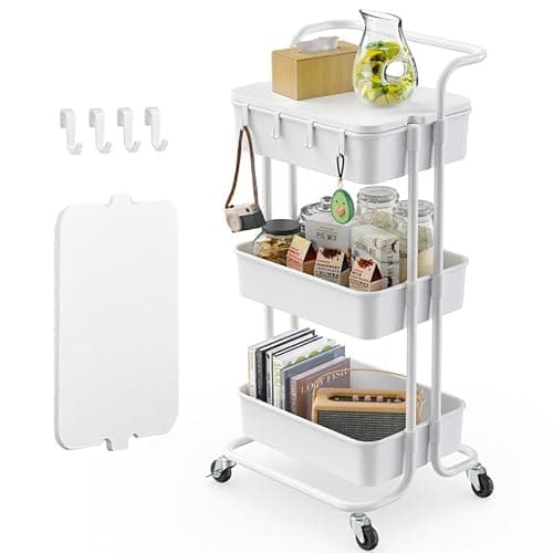 Pipishell 3 Tier Rolling Cart with Table Top, Utility Cart with Wheels & 4 Hooks, Rolling Storage Cart for Home Storage and Organization, White, PIUC09W - Image 1