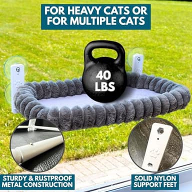 PAWRUSH Cat Window Perch — Premium Cat Window Hammock with 4 Large Suction Cups & Soft Bubble Cushion; Strong Rustproof Metal Frame Window Bed Holding 40lbs; Easy Assembly Perch for Indoor Cats; Gray - Image 5