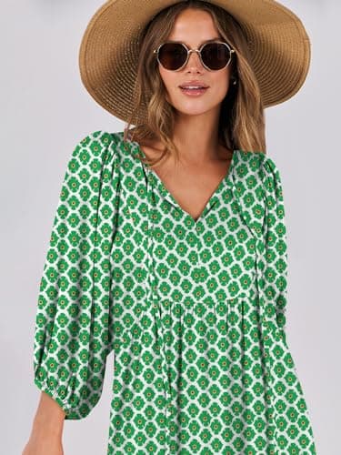 ANRABESS Womens Boho Maxi Dresses 2025 Summer V Neck Puff Sleeve Floral Flowy Swing Fall Casual Long Dress Light Green Medium - Image 5