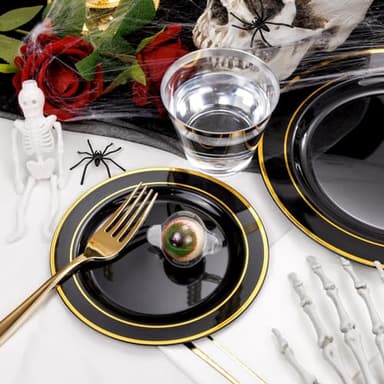 GATHER 350PCS Black Plastic Plates-Disposable Dinnerware Set Include 100PCS Black and Gold Plastic Plates, 150 Silverware, 50 Napkins, 50 Cups Perfect for Party & Wedding & Halloween - Image 4