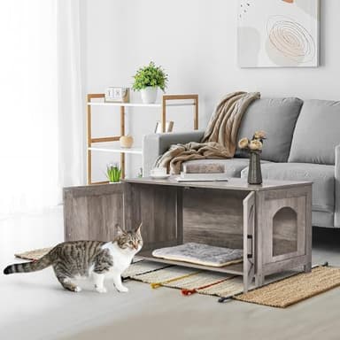 Homhedy 39.4" L Cat Litter Box Enclosure, Pet House with Barn Door, Wooden Cat Washroom Furniture, Fit Most of Litter Box, Greige - Image 7