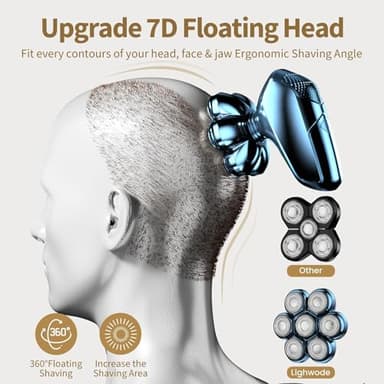 Detachable Head Shavers, SHPAVVER 5 in 1 Electric Razor IPX7 Waterproof for Bald Men, Wet Dry LED Display Rechargeable 7D Rotary Shaver Grooming Kit with Type C Charge A，Bright Blue - Image 5