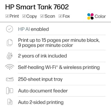HP Smart Tank 7602 Wireless All-in-One Ink Tank Printer, Scanner, Copier with 2 years of ink included, Best-for-home office, Refillable, AI-enabled (28B98A) - Image 2