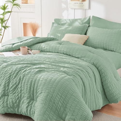 HYMOKEGE Sage Green Queen Comforter Set Seersucker 7 Pieces, All Season Luxury Bed in a Bag for Bedroom, Bedding Set with Comforters, Sheets, Pillowcases & Shams - Image 1