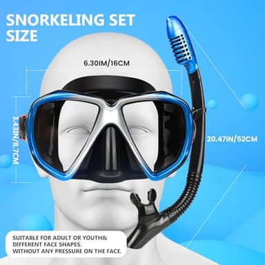 Adult Snorkel Set, Professional Snorkeling Gear Panoramic Anti-Fog Diving Goggles and Dry Snorkel Tempered Glass Scuba Mask for Diving, Snorkeling and Swimming (Blue-Silver Set) - Image 2