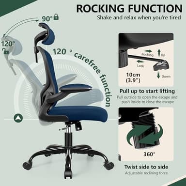 FelixKing Ergonomic Office Desk Chair with Headrest, Wheels, Adjustable Lumbar Support and Height, Swivel Comfy Task Chair with Flip-up Armrests, Ergo Mesh Backrest for Working (Navy) - Image 5
