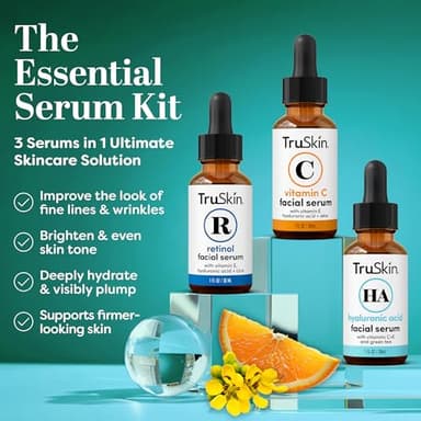 TruSkin Face Serum Trio – Hyaluronic Acid, Vitamin C & Retinol Serum for Face – Anti Aging Skin Care Set for Women – Skincare for Bright, Smooth, Hydrated & Firmer-Looking Skin, 1 fl oz, 3 Bottles - Image 2