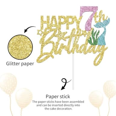 YHEZXUN Mermaid Happy 7th Birthday Cake Topper, Gold Glitter Mermaid Seven Cake Decoration Ocean Theme for Girl 7 Years Old Birthday Party Cake Decor - Image 3