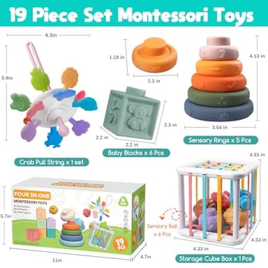 Wuzhineisn Montessori Baby Toys for Ages 6-18 Months - Pull String Teether, Stacking Blocks, Sensory Shapes Storage Bin, Infant Bath Time Fun, 4 in 1 Toddlers Toy Gifts for 1 2 3 Year Old Boys Girls - Image 6