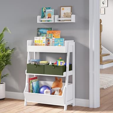 RiverRidge 3-Tier Ladder Shelf Toy Organizer & Storage - Sturdy Wood Bookshelf with Open Shelves & Open Storage Bin - Image 2