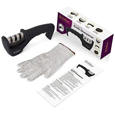 4-in-1 Kitchen Knife Accessories: 3-Stage Knife Sharpener Helps Repair, Restore, Polish Blades and Cut-Resistant Glove (Black) - Image 4