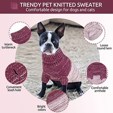 Queenmore Knitted Pullover Dog Sweater, Turtleneck Pet Cat Sweater, Cold Weather Puppy Clothes Stitching Knitwear with Leash Hole for Small Medium Dogs（Purple,L） - Image 4