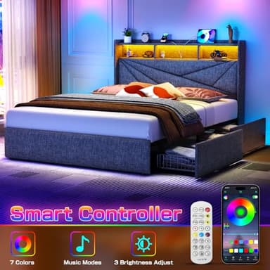 Driftalia Full Size Bed Frame with 4 Storage Drawers, Upholstered Full Bed Frame with LED Lights Headboard and Charging Station, No Box Spring Needed, Easy Assembly - Dark Grey - Image 3