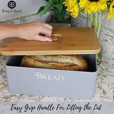 Baking & Beyond Space-Saving Bread Box with Bamboo Cutting Board Lid,13"x7.5"x5" for Kitchen Countertop, Bread Storage Container Holder, Bread Keeper Bin - Fresh Loaves - Image 9