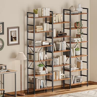 SUPERJARE Triple 6 Tier Bookshelf, Bookcase with 17 Open Display Shelves, Wide Book Shelf Book Case for Home & Office, Rustic Brown - Image 7