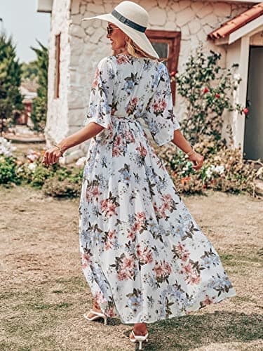 ANRABESS Women’s Summer Loose Boho Flowy Wrap V Neck 3/4 Sleeve Floral Print Slit Beach Wedding Guest Long Maxi Dresses White Flor X-Large - Image 5
