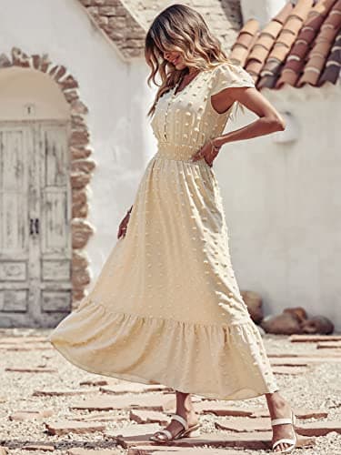 PRETTYGARDEN Womens Summer Dresses 2025 Casual Short Sleeve Swiss Dot Maxi Dress for Wedding Guest V Neck Flowy Long Dresses(Apricot, Medium) - Image 6