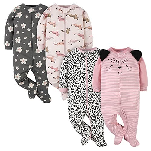 Gerber Baby Girls 4 Pack Sleep 'N Play Footie Leopard Pink 0-3 Months - Image 1