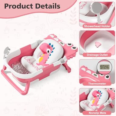 Collapsible Baby Bathtub for Newborn, Foldable Baby Bath Tub with Thermometer & Soft Floating Cushion & Drain Hole, Portable Travel Infant Bath Tubs for Newborns to Toddler 0-36 Months Girl, Pink - Image 2