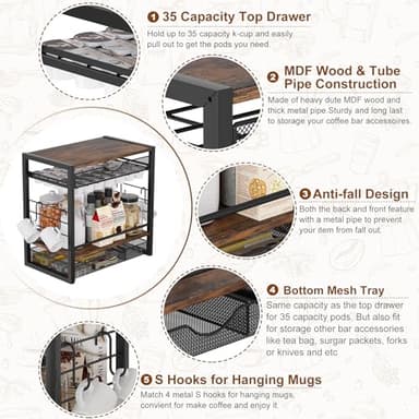 TQVAI Coffee Bar Organizer for Countertop 3-Tier 70 Capsules Coffee Station Organizer with Sliding K Cup Drawer & 4 Coffee Cup Hooks for Coffee Bar Accessories, Black - Image 6