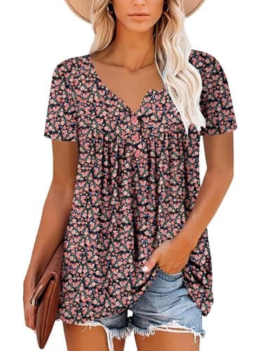 ROSELINLIN Womens Summer Tops Dressy Casual Short Sleeve Tunic Tops Loose Fit Henley Shirts Flesh Rose S - Image 2