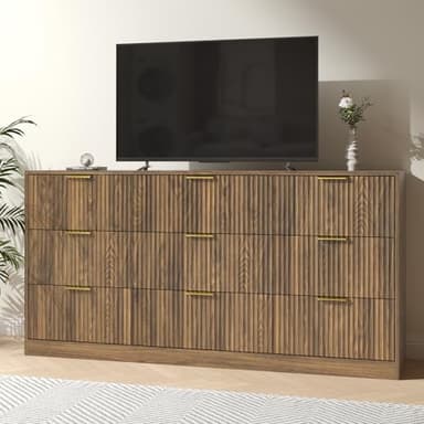 NOVAMAISON Dresser for Bedroom with 9 Drawer, 63” Wide Wooden Dresser Mid Century Chest of Drawers with Metal Handle, Dressers TV Stand Storage Organizer for Closet, Bedroom, Living Room, Walnut - Image 1