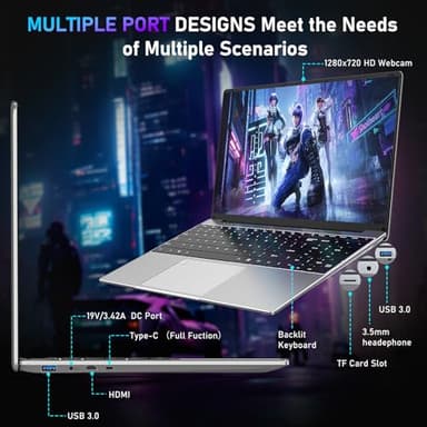 NAIKLULU Gaming Laptop,15.6 Inch Laptop Computer,16GB RAM 1TB SSD,AMD Ryzen 5 7430U (up to 4.3Ghz,Beat 5700U),AMD Radeon Graphics,15.6”FHD 1920 * 1080 Display,WiFi 5,BT5.0,Backlit Keyboard - Image 4