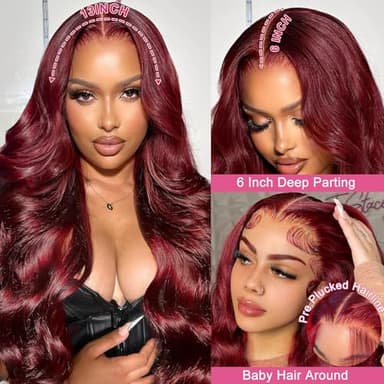 Lukymart 28 Inch 99J Burgundy Lace Front Wigs Human Hair 13x6 HD Transparent Body Wave Lace Front Wigs Pre Plucked 99j Burgundy Red Wine Glueless Human Hair Wigs for Women - Image 2