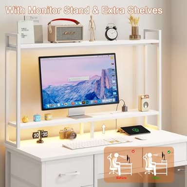 Korfile Computer Desk with Hutch, White Gaming Desk with Power Outlets & LED Ligthts & 5 Fabric Drawers, Home Office Desk with 2 Tiers Storage Shelves for Display (White Oak, 39 Inch) - Image 5