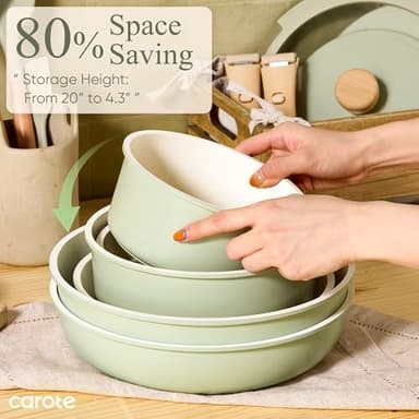 CAROTE Pots and Pans Set, Nonstick Cookware Set Detachable Handle, 19pcs Induction Kitchen Cookware Sets Non Stick with Removable Handle, RV Cookware Set, Oven Safe, Sage Green - Image 7