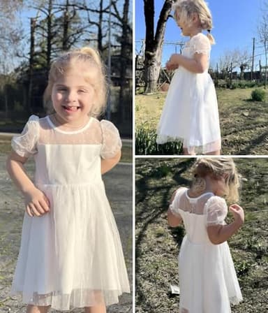 Arshiner Toddler Girls Tulle Summer Puff Sleeve Baby Girls Tutu Princess Party Casual Dress 4-5 Year White - Image 4