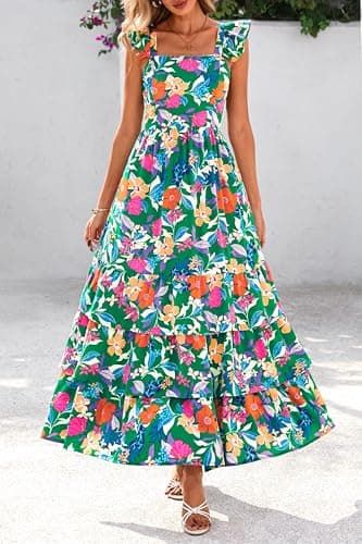dowerme Summer Dresses for Women 2025 Casual Ruffle Smocked Tiered A-Line Boho Floral Maxi Beach Sun Dress with Pockets(Green Orange Flower,Large) - Image 3