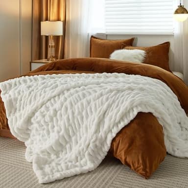 PHF Fluffy Ruched Faux Fur Throw Blanket for Couch,Cozy Plush Soft Luxury Warm for Fall Winter,Reversible Furry Thick Lightweight Blanket for Bed Sofa,Aesthetic Room Decor,50 * 60 Inches,White - Image 2