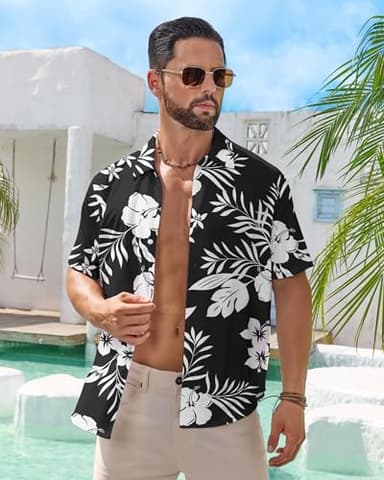 BOJIN Men's Hawaiian Wrinkle Free Short Sleeve Button Down Tropical Floral Beach Vacation Shirt BJ066 White Flower Black 1X - Image 2