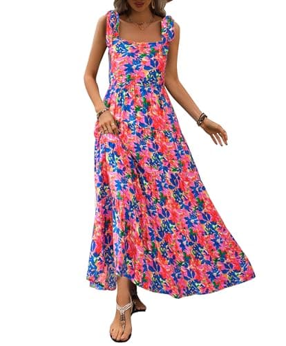PRETTYGARDEN Womens Dresses 2025 Summer Floral Sleeveless Maxi Dress Casual Spaghetti Strap Tiered Flowy Beach Long Dress(Blue Pink,X-Large) - Image 1